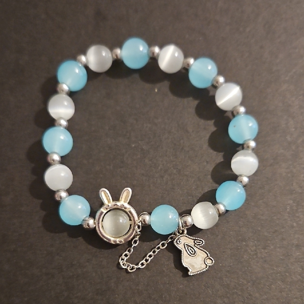 Blue and White Beaded Bracelet with Rabbit Charm